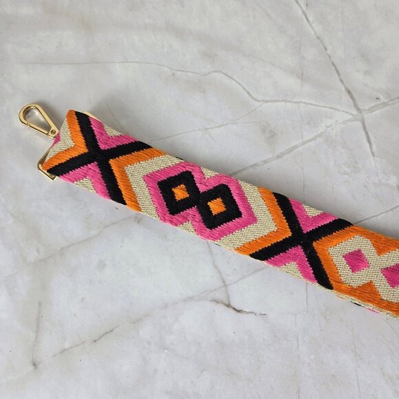 Long Adjustable Woven Purse Strap Cream Pink Orange Black Geometric Pattern - Picture 5 of 8